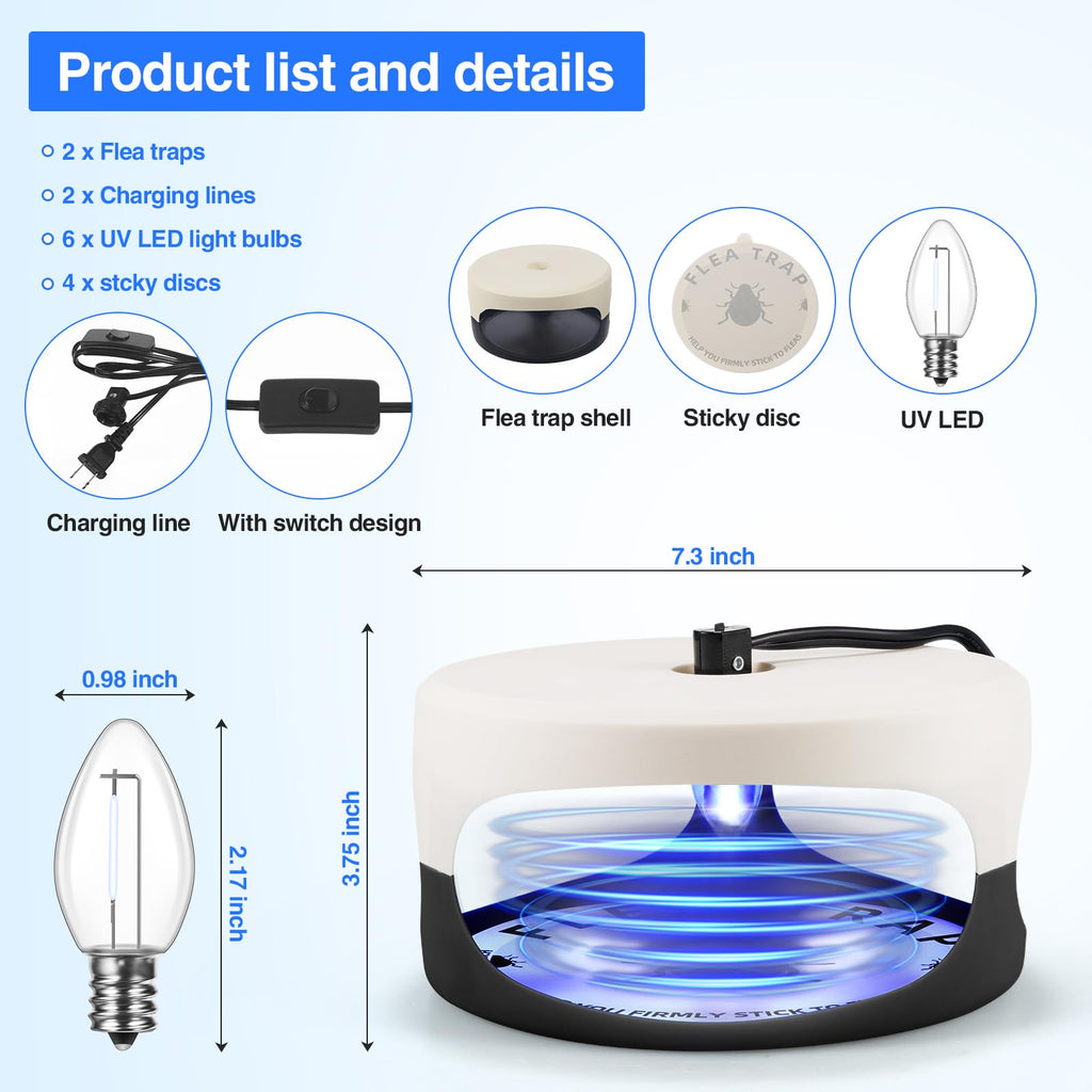 2 Pcs UV Flea Traps for Inside Your Home with 4 Sticky Discs & 6 UV LED Bulbs & 2 Upgraded Wires, Professional Indoor Flea Control for House, Safe Flea Killer Light for Pet & Kid, Non Toxic & Odorless