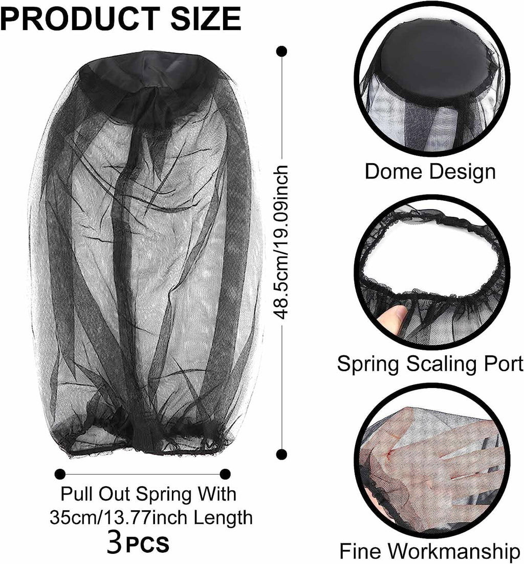 Mosquito Head Mesh Nets Gnat Face Netting for No See Ums Insects Bugs Gnats Biting Midges from Any Outdoor Activities, Works Over Most Hats Comes(Total 3pcs, Black, Gray, Military)