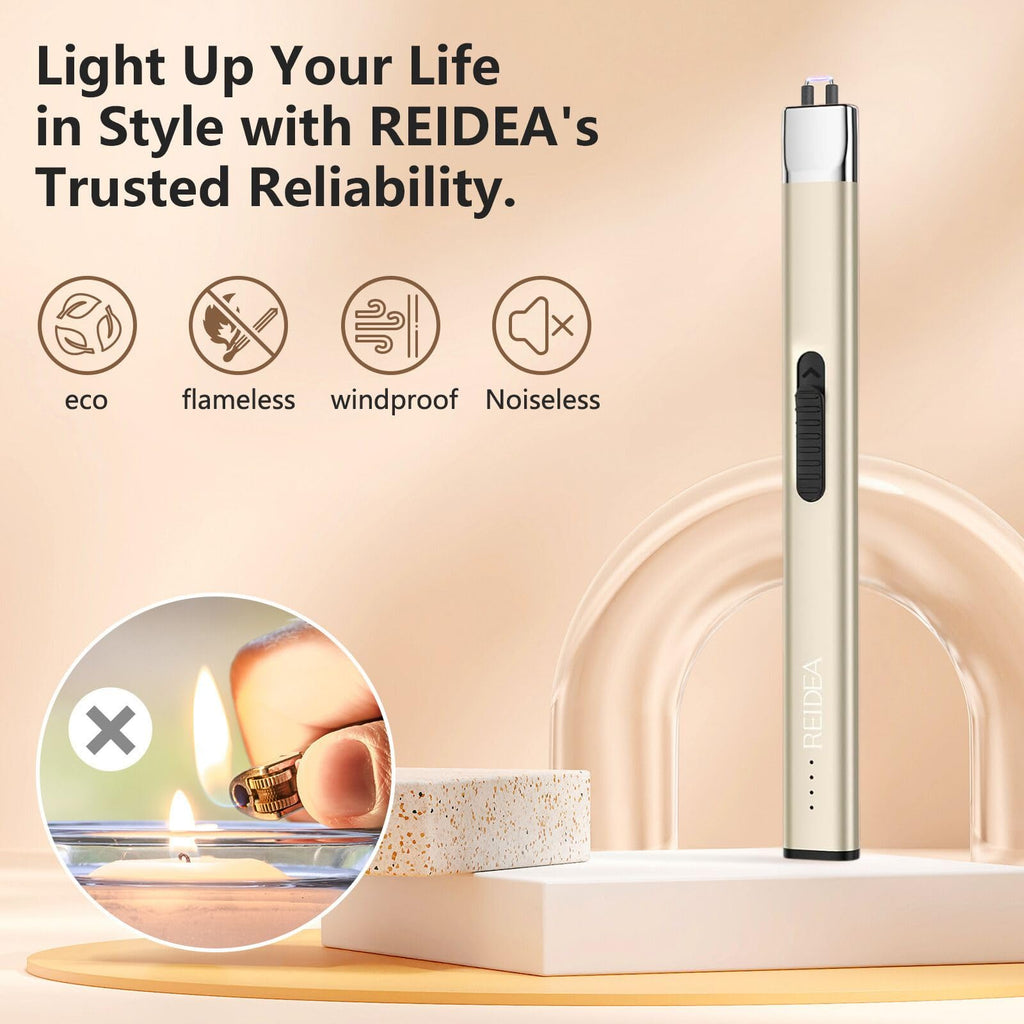REIDEA Electric Lighter Candle Lighter, Retractable Top Windproof Flameless USB Rechargeable Arc Lighter with Safe Button and Power Indicator for Candle, BBQ and Fireworks, R1 Flat, Champagne Gold