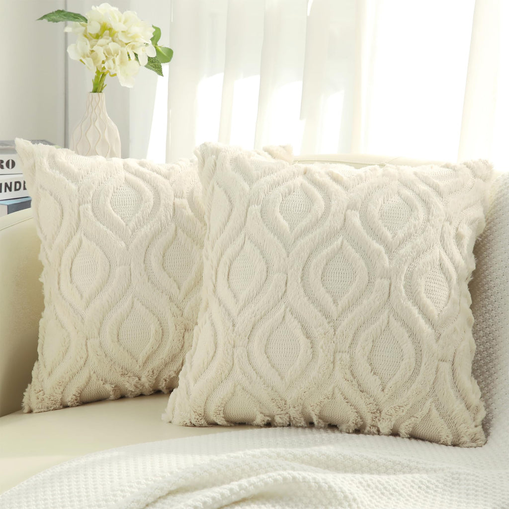 decorUhome Christmas Decorative Throw Pillow Covers 16x16, Soft Plush Faux Wool Couch Pillow Covers for Home, Set of 2, Beige