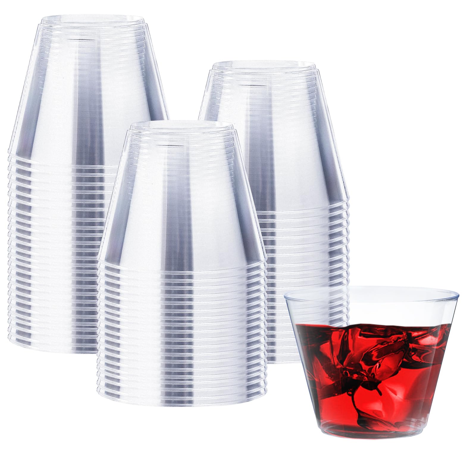 Clawsoff 9 oz Clear Plastic Cups, 100 Pack Disposable Fancy Cups for Wedding, Cocktail Cups 9 Ounce, Bulk Clear Plastic Tumblers for Iced Coffee, Cold Beverage