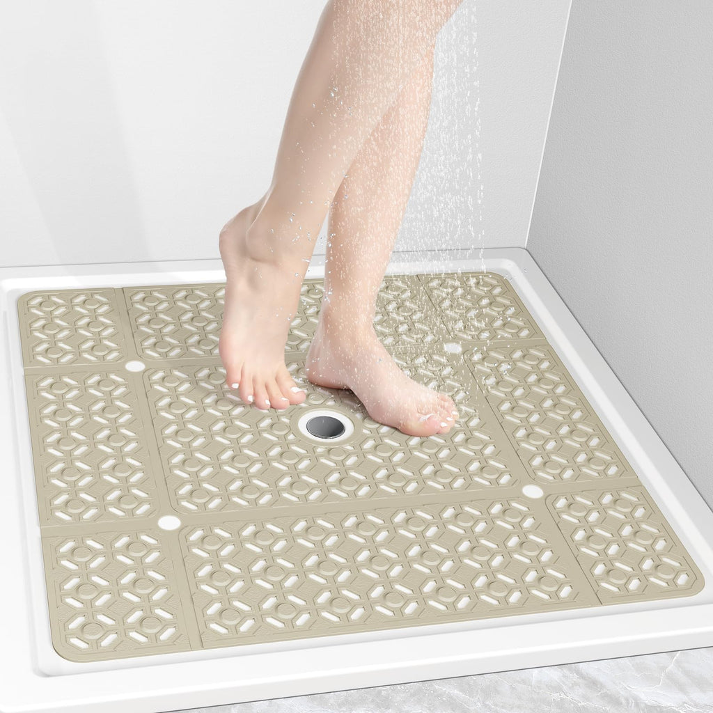 OTHWAY Square Shower Mat, 27"x 27"Extra Large Shower Matt Non Slip, Machine Washable TPE Shower Floor Mat with Suction Cups Drain Holes, Bathtub Mat Non Slip for Elderly Kids Bathroom(Brown)