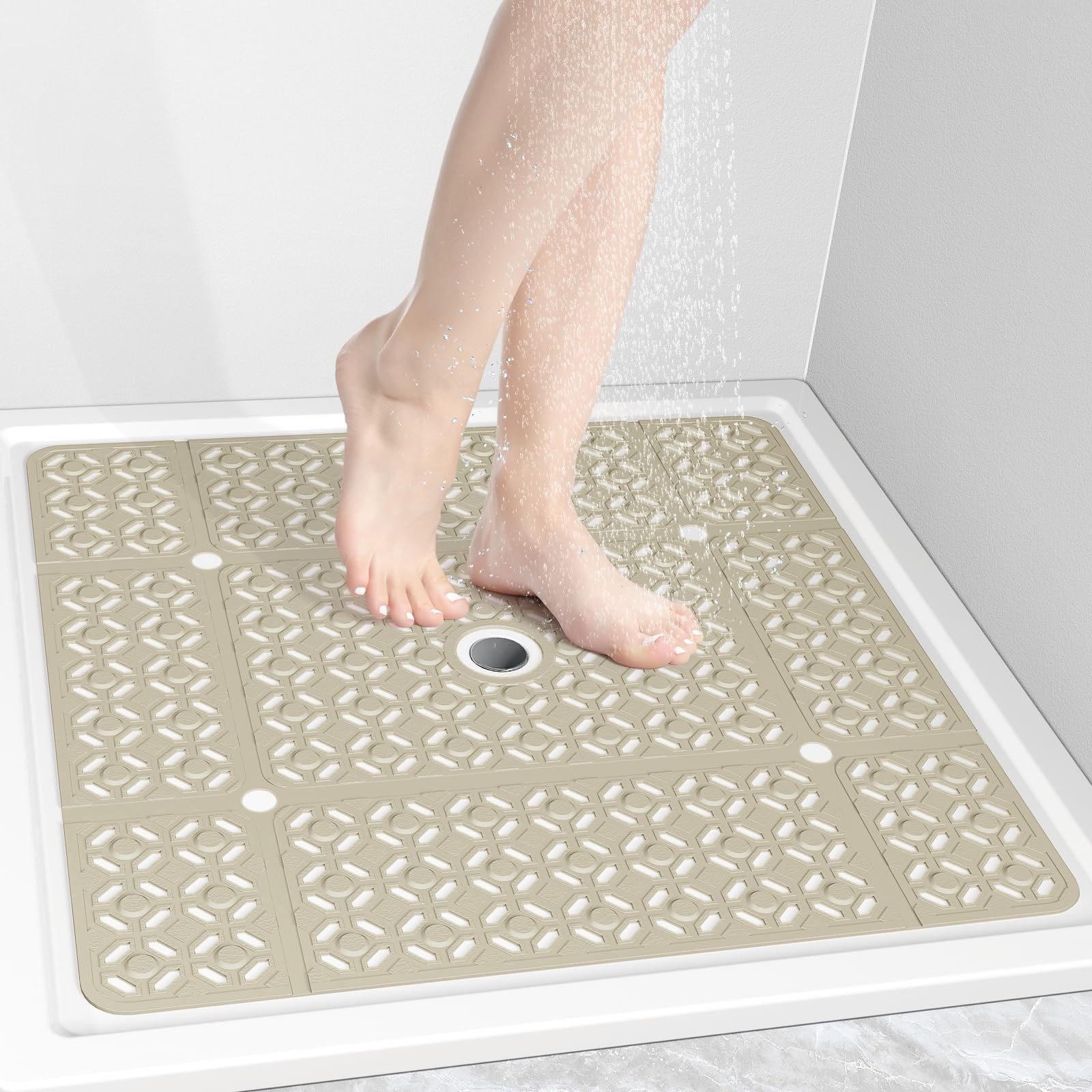 OTHWAY Square Shower Mat, 27"x 27"Extra Large Shower Matt Non Slip, Machine Washable TPE Shower Floor Mat with Suction Cups Drain Holes, Bathtub Mat Non Slip for Elderly Kids Bathroom(Brown)