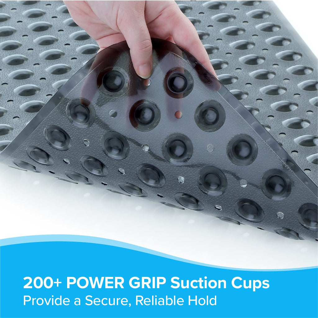 SlipX Solutions Power Grip Extra Long Bath Tub & Shower Mat 39x16, Wet Floor Non-Slip for Elderly & Kids Bathroom, 30% Longer Bathtub Mats, 200 Suction Cups, Drain Holes (1, Clear Black)