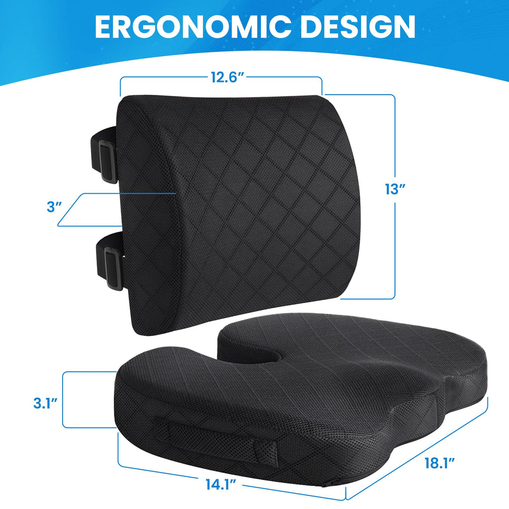 TushGuard Back&Seat Cushion, Car Seat Office Chair Cushions, Sciatica & Back Coccyx Tailbone Discomfort Easing Chair Pad, Memory Foam Lumbar Support Pillow for Desk, Wheelchair, Driving (Black)