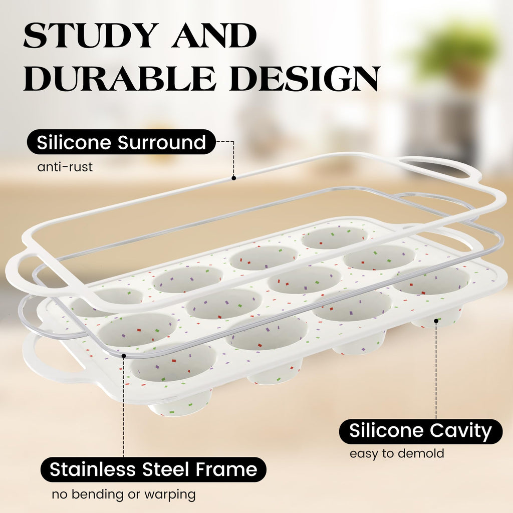 AOTASO 2 Pcs Silicone Muffin Pan for Baking with Metal Frame, Nonstick 12 Cup Regular Size Cupcake Pan, Silicone Muffin Tray for Egg Bites (Cream)