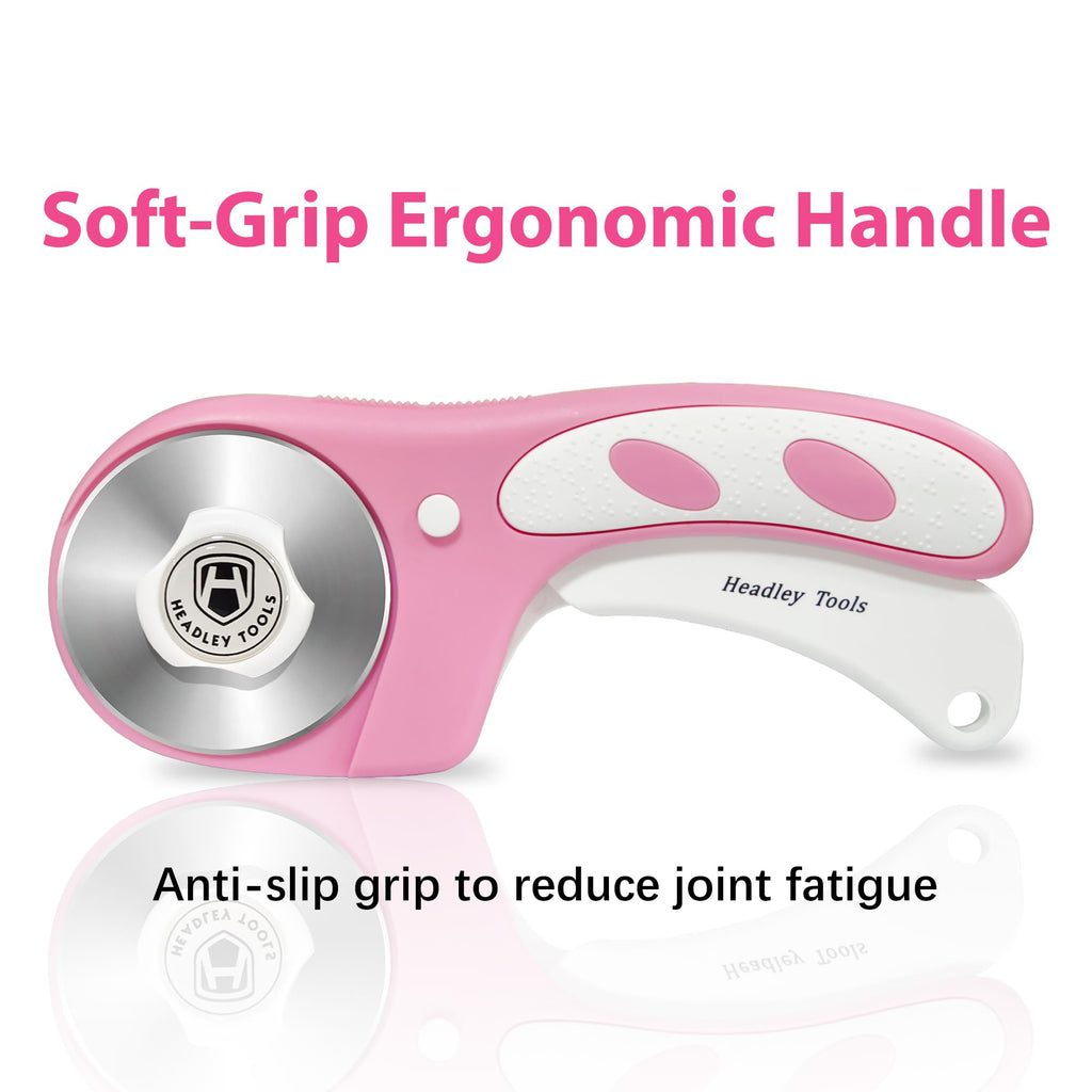 Headley Tools Rotary Cutter 60mm Upgraded with Bearing Design for Smoother and deeper cutting, Ergonomic Handle Rolling Cutter with Safety Lock for Fabric, Fabric, Leather, Crafting, Sewing, Pink