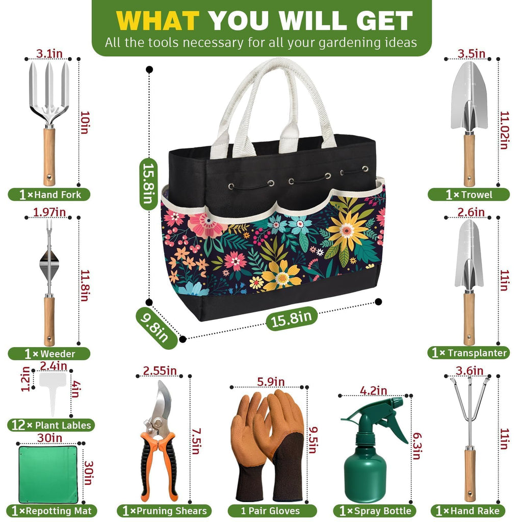 22Pcs Gardening Tools Set for Women Heavy Duty Garden Hand Tool Kit Garden Gifts for Mothers Day Mom Beginner Gardening Accessories with Tote Bag/Shovel/Repotting Mat/Plant Labels/Gloves-Black