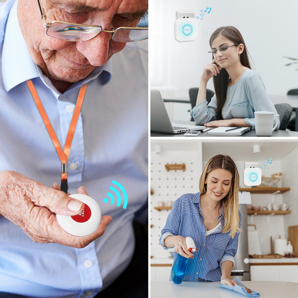 CallToU Caregiver Pager Call Button Elderly Wireless Call Button Vibration Pager Nurse Calling Alert System for Home Elderly Disabled Patient 2 Transmitters 1 Plug-in Receiver
