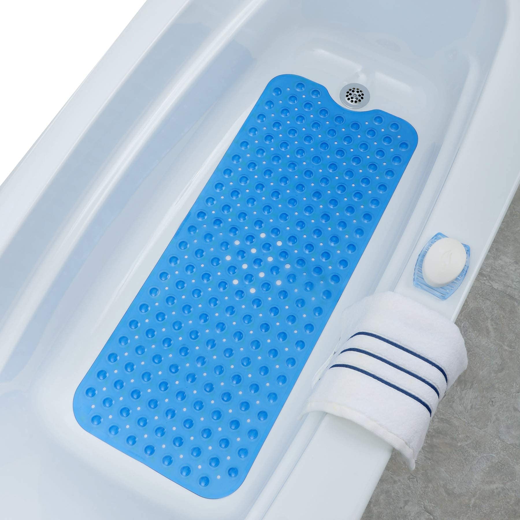 SlipX Solutions Power Grip Extra Long Bath Tub & Shower Mat 39x16, Wet Floor Non-Slip for Elderly & Kids Bathroom, 30% Longer Bathtub Mats, Over 200 Suction Cups, Drain Holes (1, Blue)