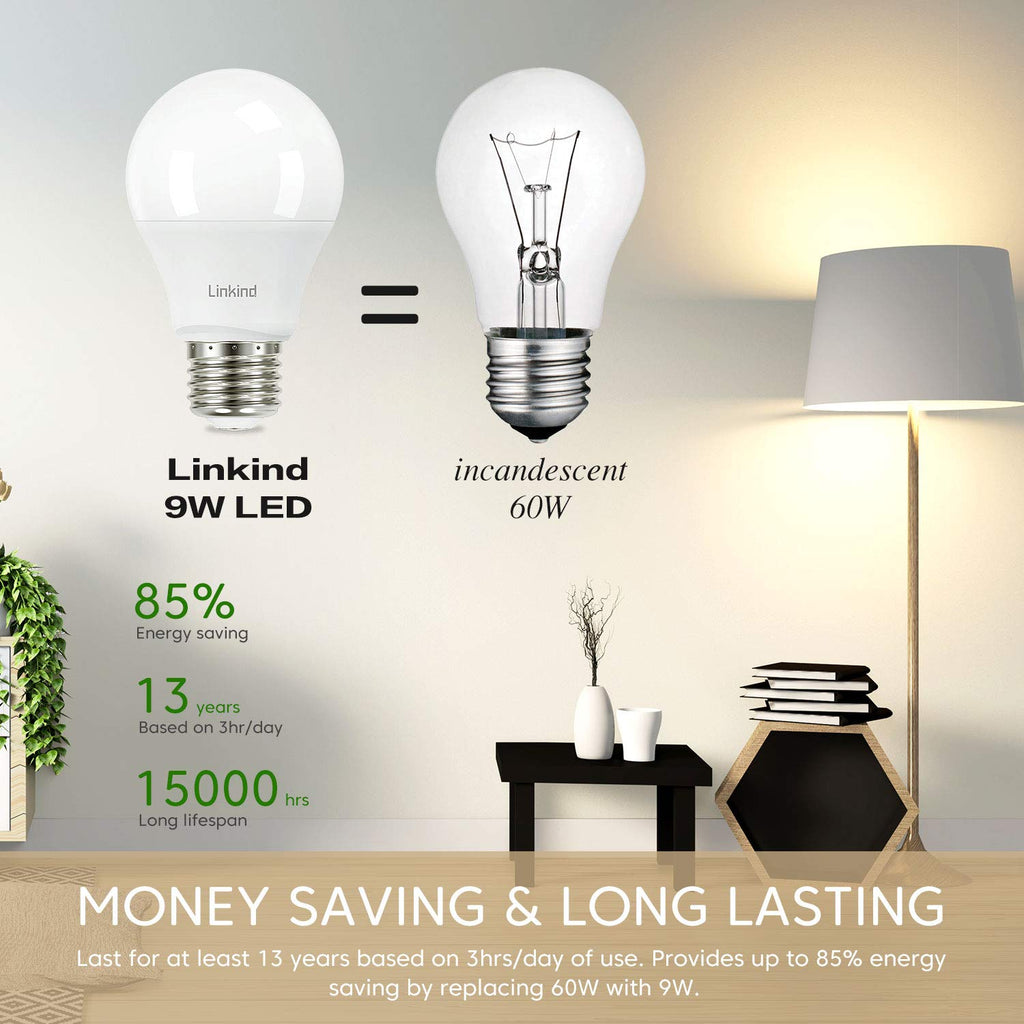 Linkind A19 LED Light Bulb, 60W Equivalent, 9W 2700K Soft White Light Bulbs, 800 Lumens Non-Dimmable Bulbs, E26 Standard Base, Energy Efficient, for Bedroom Home Office, 6 Pack