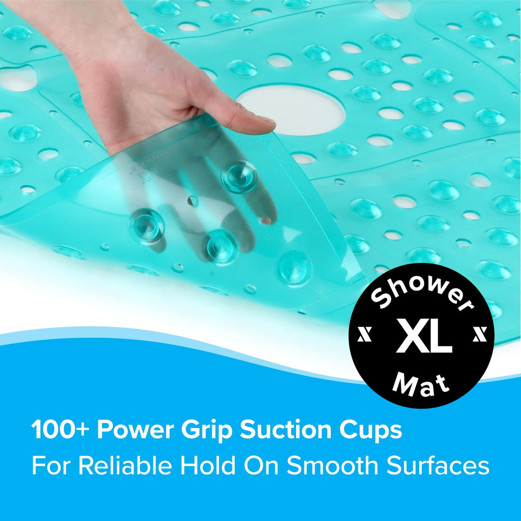 SlipX Solutions Square Shower Mat, Extra Large 27"x27", Non-Slip Stall Mat for Elderly & Kids Standing Bath Tub Mat, Machine Washable, Suction Cups, Transparent Aqua