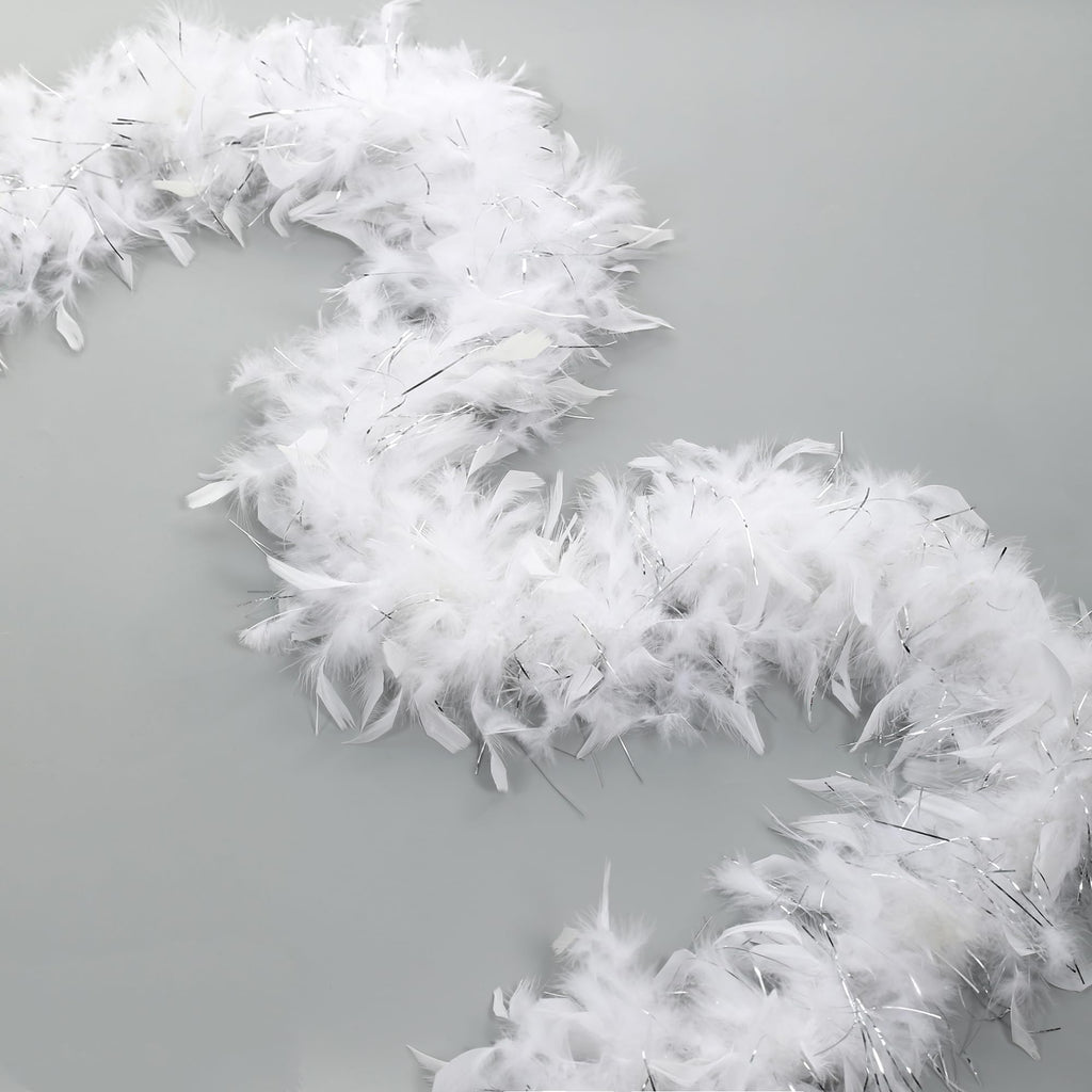 Larryhot White with Silver Tinsel Boas - 80g 2 Yards Feathers Boas for Party Bulk,Christmas,Wedding,Concert,Pet and Home Decoration(80g-WhiteSilverTinsel)