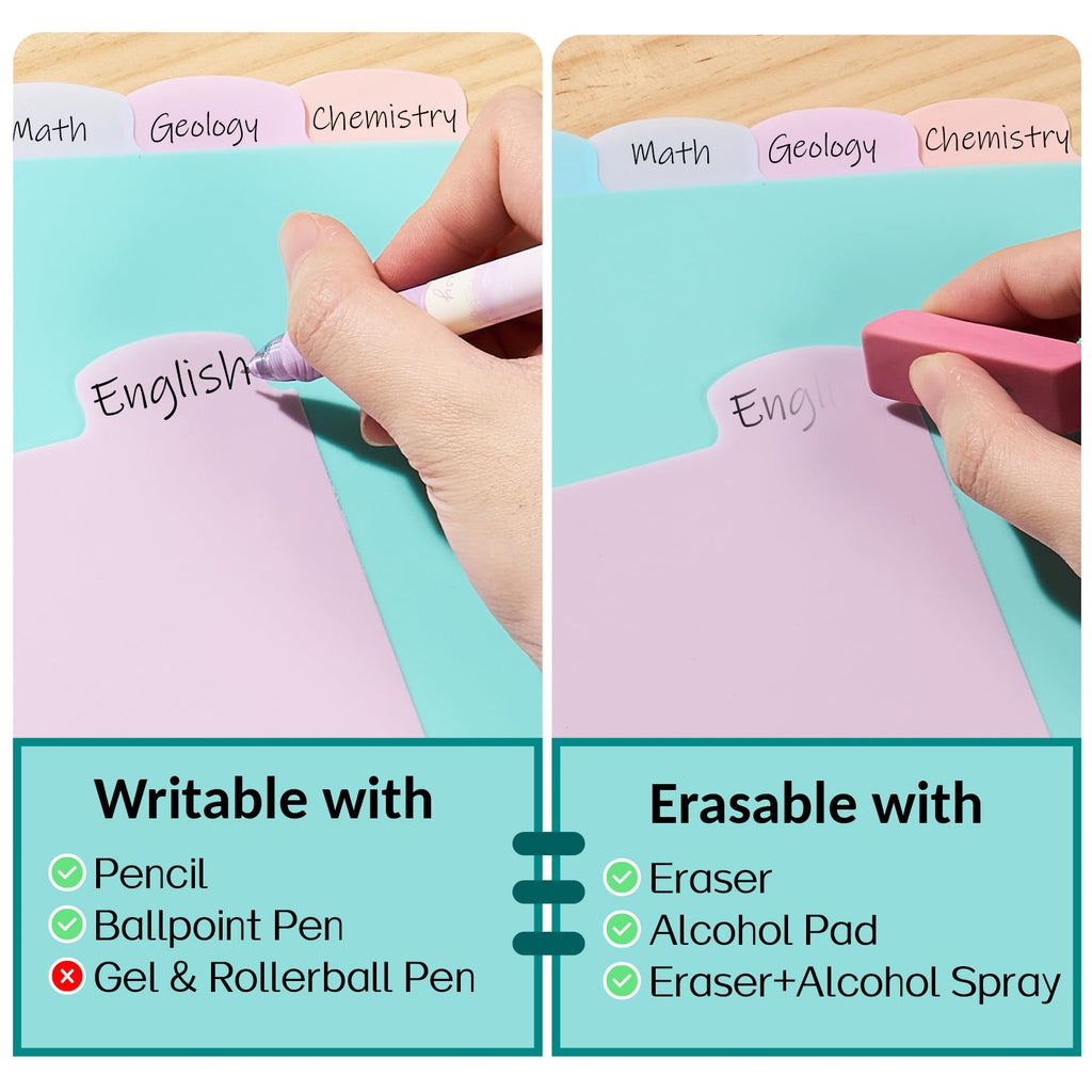 8 Tabs Long-Lasting Plastic Write & Erase Large Tabs Dividers for 3 Ring Binder, Aesthetic Cute Pastels Binder Dividers for Student, Teacher, Office, Home Organizers, 1 Set, Pastels Color
