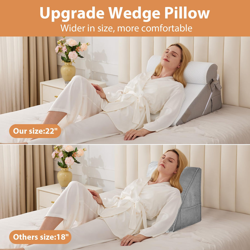 BIEEZZK Orthopedic Bed Wedge Pillow Set 3Pcs, Memory Foam Wedge Pillow for sleeping, Body Pillow Post Surgery for Back,Neck,Leg and Knee Support,Triangle Pillow for Acid Reflux,Snoring,White/Grey
