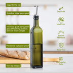 17oz Glass Olive Oil Bottle Dispenser - 500ml Green Oil and Vinegar Cruet with Pourers and Funnel - Olive Oil Carafe Decanter for Kitchen