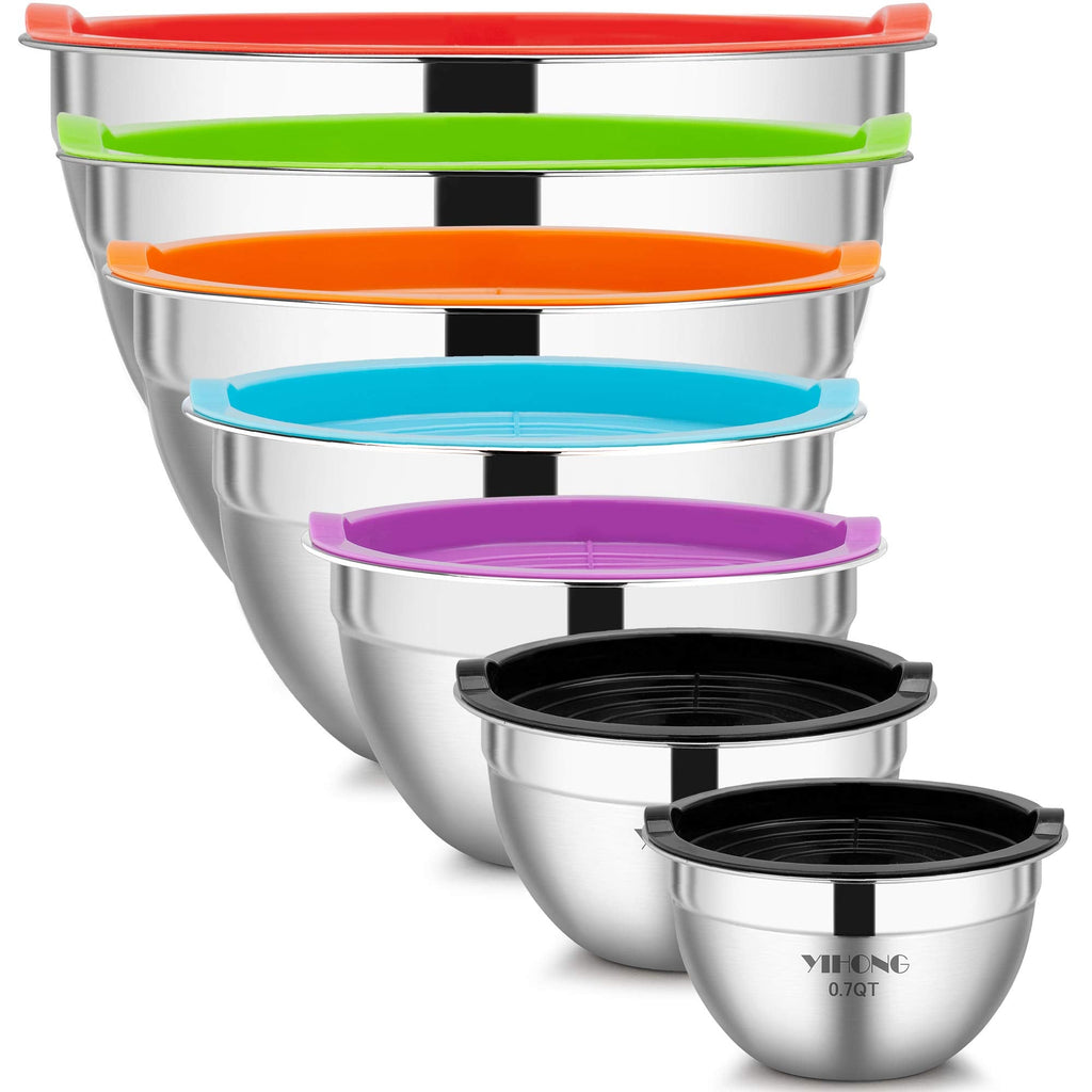 YIHONG 7 Piece Metal Mixing Bowls with Lids for Kitchen, Stainless Steel Set Ideal for Baking, Prepping, Cooking and Serving Food, Nesting Design for Space Saving Storage