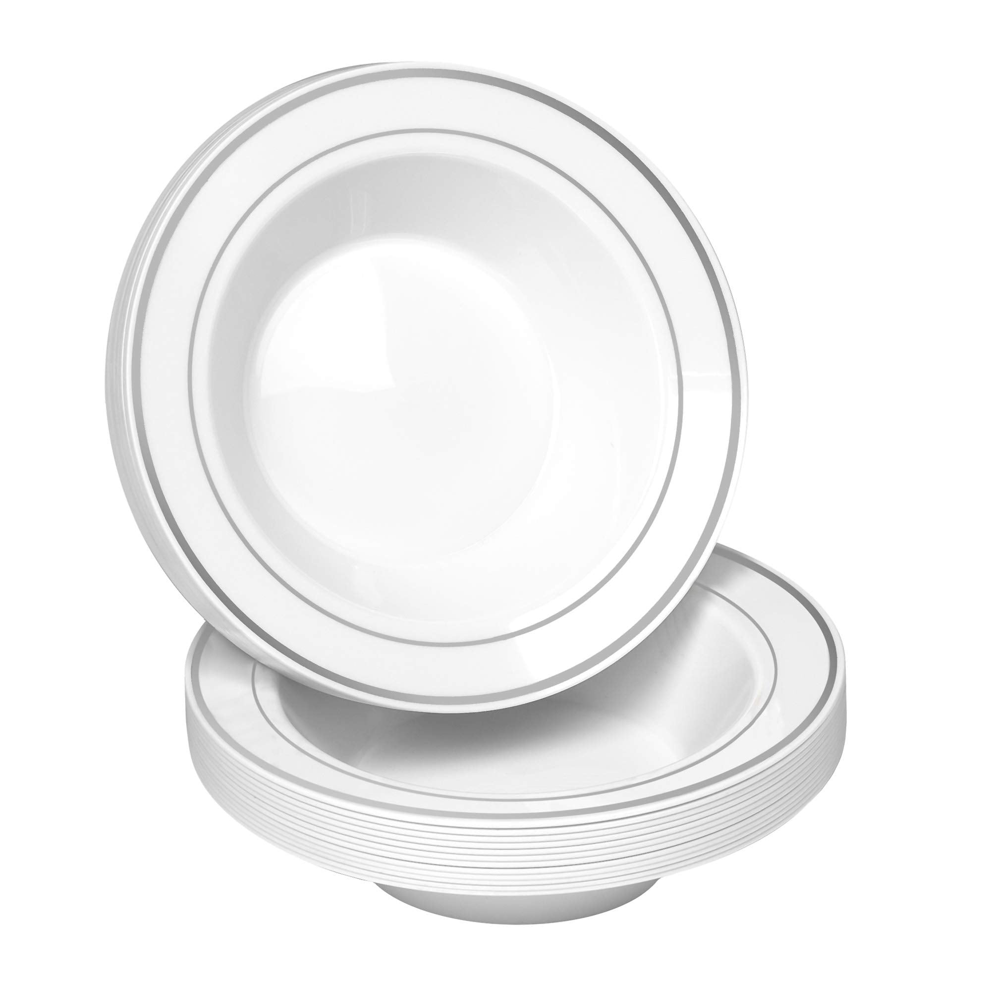 BloominGoods 50 Disposable White Silver Rimmed Plastic Soup Bowls | 14 oz. Premium Heavy Duty Disposable Dinnerware with Real China Design | Safe & Reusable (50-Pack White/Silver Trim)