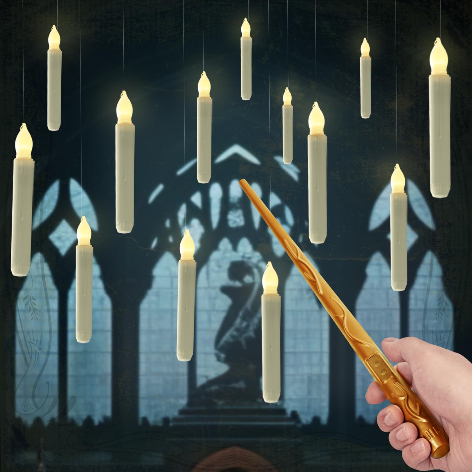 Homemory Hanging Floating Candles with Wand Remote and String, 12 Pcs Flying Flameless LED Taper Candles Warm White Light, Battery Operated Window Candles with Wand for Halloween Christmas Party