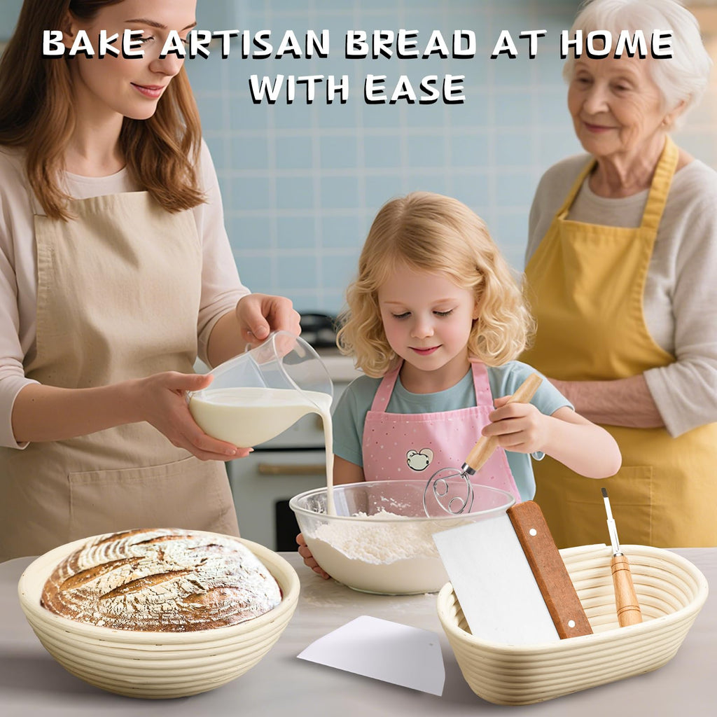 Dimpola Banneton Bread Proofing Basket Banneton Basket Set Sourdough Proofing Basket Round Proofing Bowls Handmade Rattan Baskets and Liners (Round of 2 Gift Set)