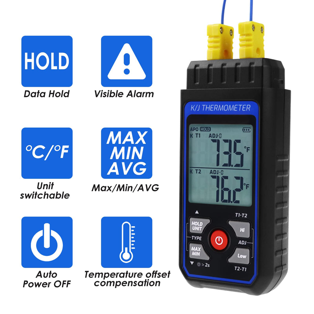 Thermocouple Thermometer Digital Dual Channels K/J type Thermometer with 4 K-Type Thermocouples, -328~2501℉ Measuring Range Temperature Meter HVAC thermometer with Alarm & ADJ Compensation