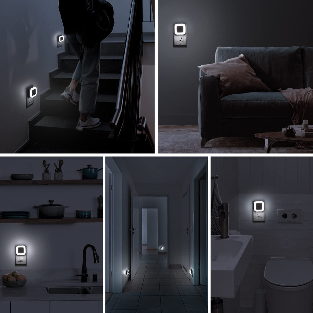 SYCEES Plug-in LED Night Light with Dusk to Dawn Sensor for Hallway, Stairs, Bathroom, Kitchen, Bedroom, Nursery, Kids Room, Daylight White, Pack of 6