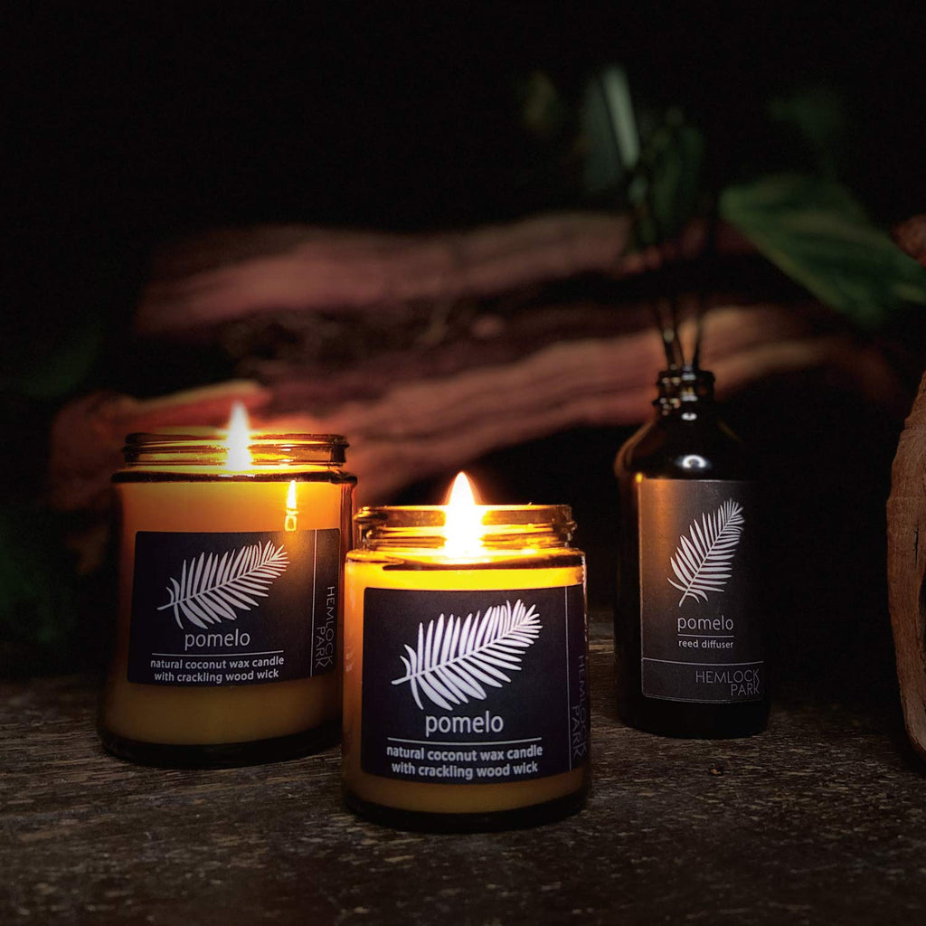 Hemlock Park Crackling Wood Wick Candle Handcrafted with Natural Coconut Wax and Essential Oils (Pomelo Citrus, Standard 8 oz)