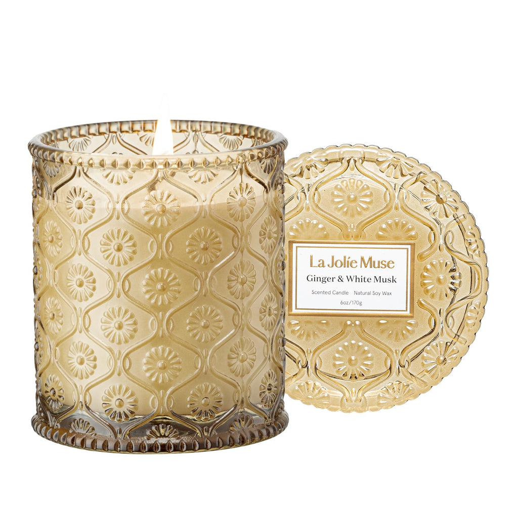 LA JOLIE MUSE Ginger & White Musk Scented Candles, Christmas Candles for Home Scented, Luxury Candles Gifts for Women, Holiday Ginger Candle, Natural Soy Wax Candle, 6 oz 40 Hours Burn