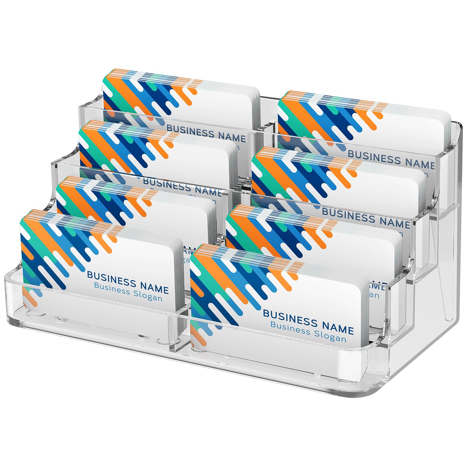 Acrylic Business Card Holder for Desk, Clear Desktop Business Card Display Stand with 8 Pockets, 4-Tier Freestanding Card Organizer for Office, Reception, Countertop
