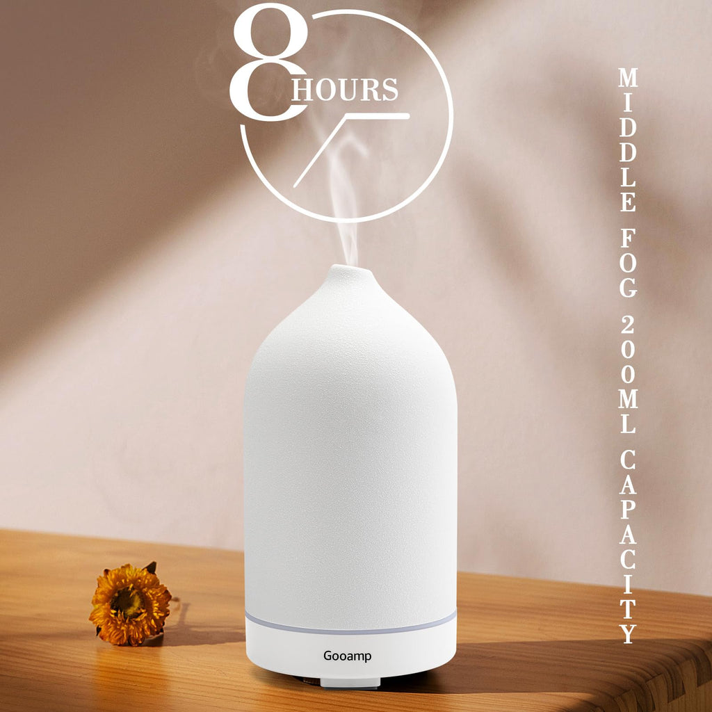 Gooamp 200ML Ceramic Diffuser,Aromatherapy Diffuser,Essential Oil Diffuser with 7 Color Lights Auto Shut Off for Home Office Room, White Base (1/3/6/ON hrs Working time)