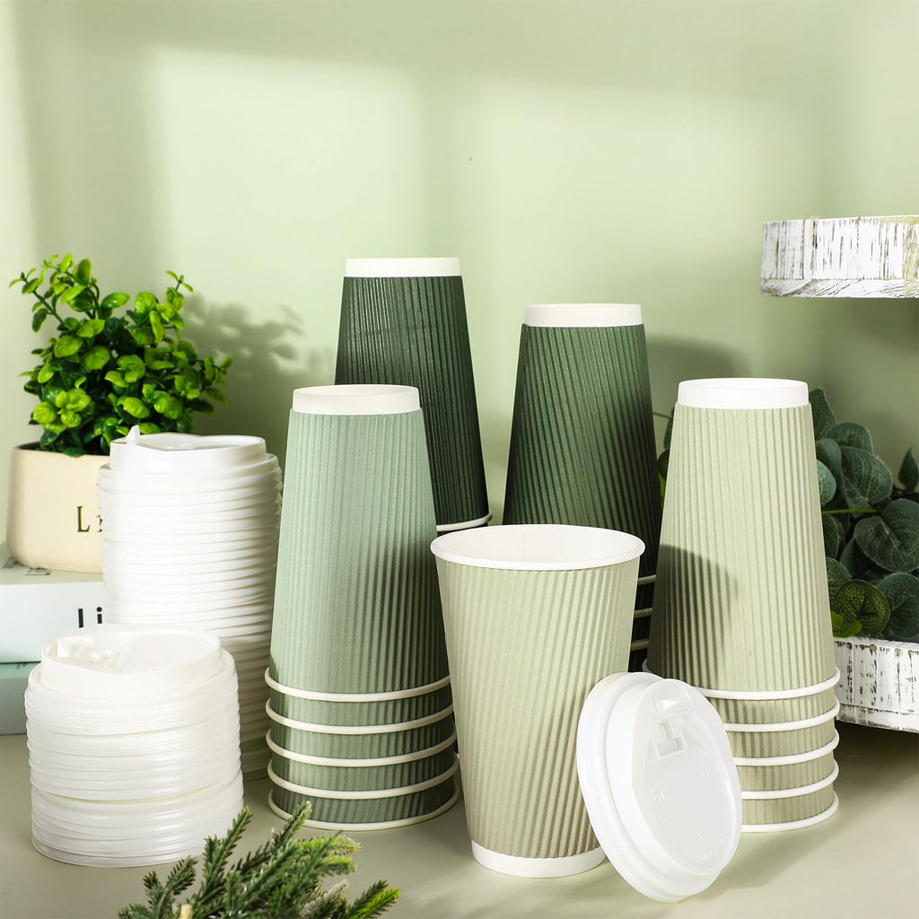 Whaline 100Pcs Sage Green Disposable Coffee Cups with Lids Gradient Green Paper Cups Corrugated Ripple Wall Insulated Hot Cups for Home Office Party Supplies
