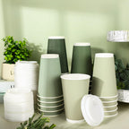 Whaline 100Pcs Sage Green Disposable Coffee Cups with Lids Gradient Green Paper Cups Corrugated Ripple Wall Insulated Hot Cups for Home Office Party Supplies