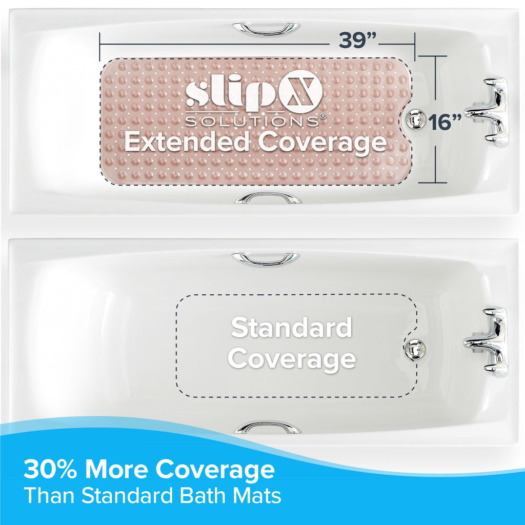 SlipX Solutions Power Grip Extra Long Bath Tub & Shower Mat 39x16, Wet Floor Non-Slip for Elderly & Kids Bathroom, 30% Longer Bathtub Mats, 200 Suction Cups, Drain Holes (1, Translucent Coral)