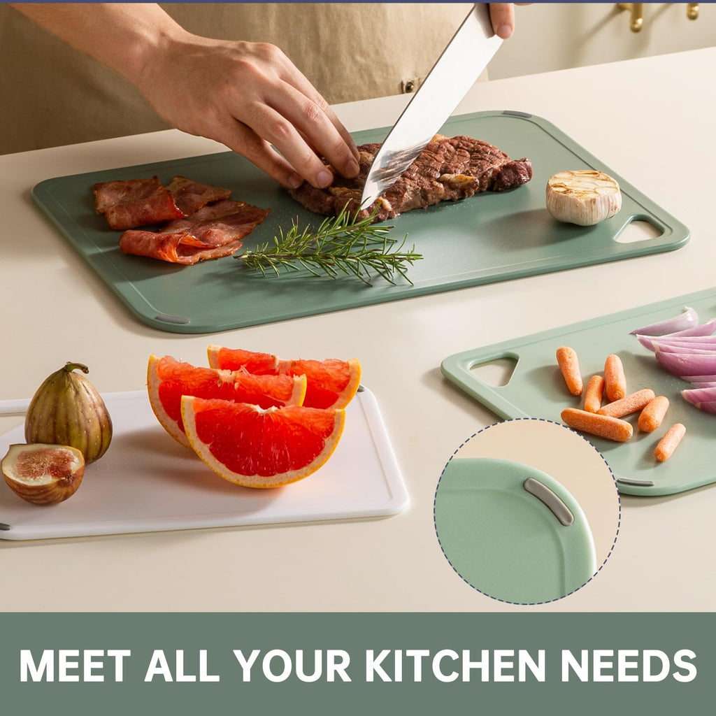 THETCHRY Plastic Cutting Board Set of 3-Cutting Boards for Kitchen BPA Free, Large-Small Chopping Boards Non-Slip for Cooking Camping Dishwasher Safe, Reversible, with Grip Handle, 15"×10"×0.25" Green