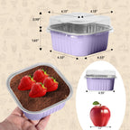 50 Pcs Mini Square Baking Cups with Lids,10oz Aluminum Foil Mini Cake Pans with Lids,Disposable Ramekins Cake Pans,300ml Dessert Cups Cupcake Pans for Wedding Birthday Party,Purple
