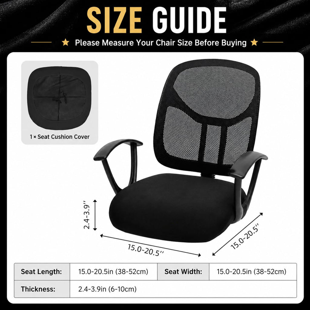Water-Resistant Stretchable Desk Office Chair Seat Cushion Covers - Universal Spandex Computer Chair Slipcover - Removable Washable Cushion Protectors for Dogs, Cats, Black