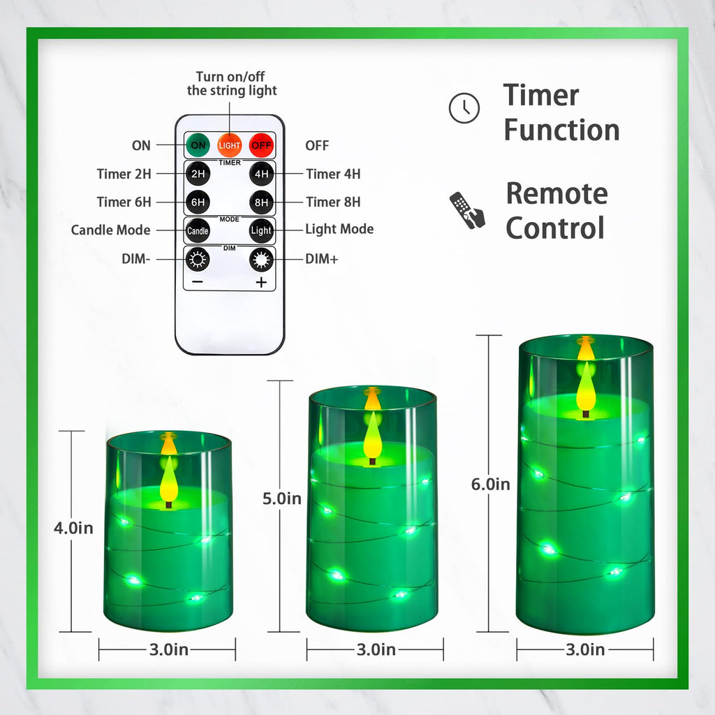 NURADA Flickering Flameless Candles: Built-in Star String Acrylic Battery Operated LED Pillar Candles with Remote and Timer for Home Party Weddings Christmas Halloween Decor -Green 3 Pack