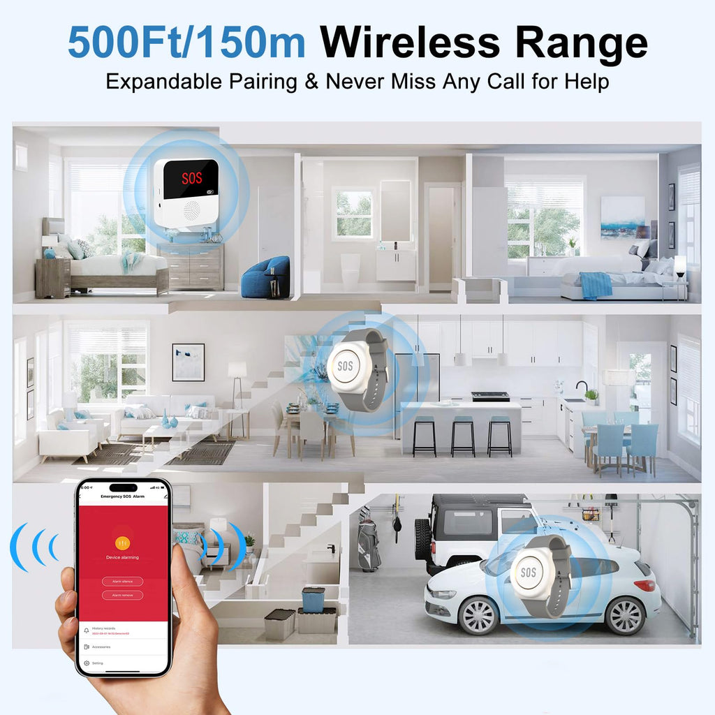 WiFi Caregiver Pager Call Button Life Alert Systems for Seniors No Monthly Fee Emergency Button for Elderly Patient Disabled 1 Alert Watch 1 Receiver(only Supports 2.4GHz & No Monthly Fee)