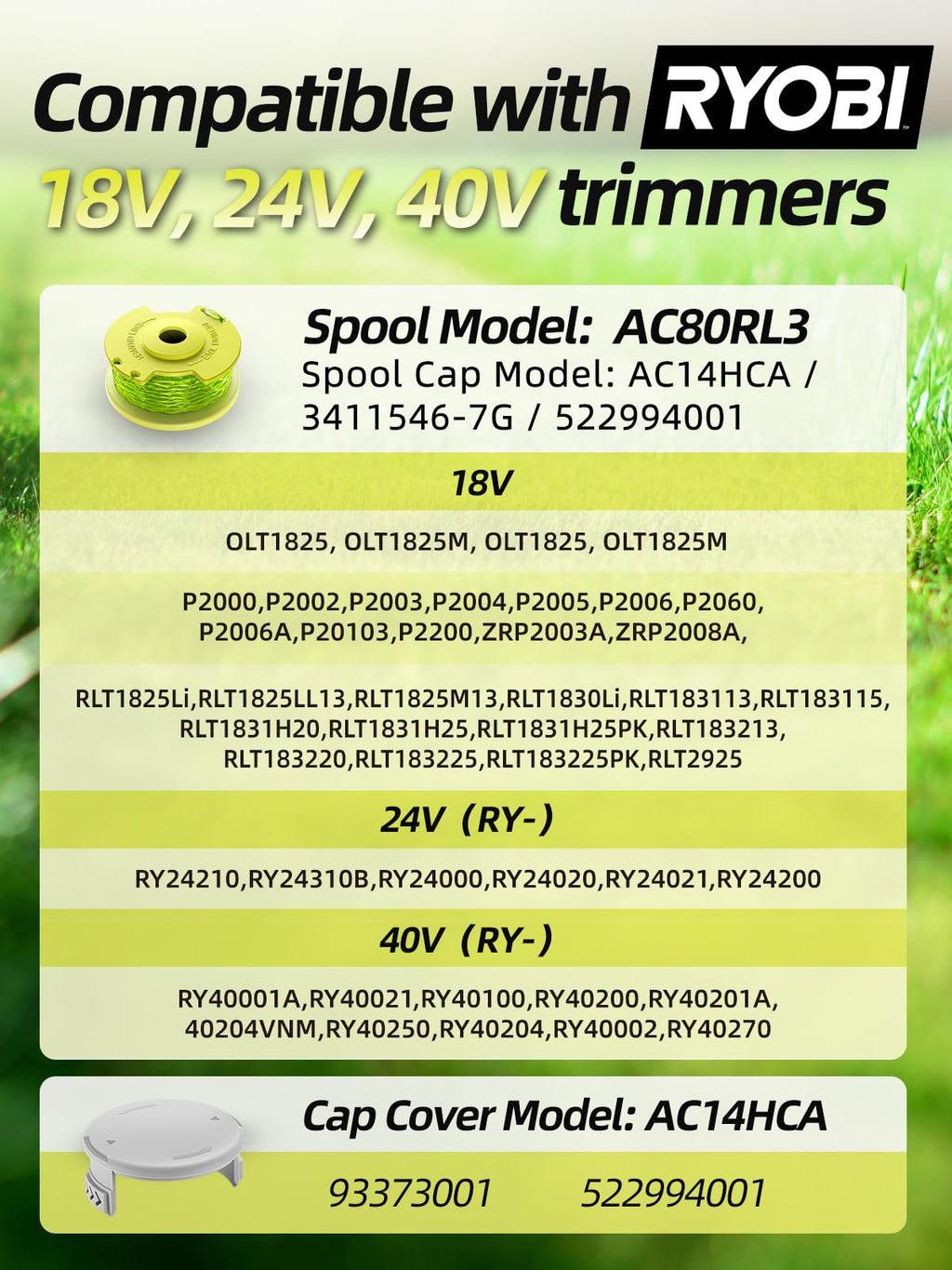YWTESCH String Trimmer Refill for Ryobi One Plus+ AC80RL3,11 FT/0.080-Inch Weed Eater String Compatible with Ryobi Weed Wacker 18v, 24v, and 40v Trimmers (12 Trimmer Line & 3 Trimmer Cap)