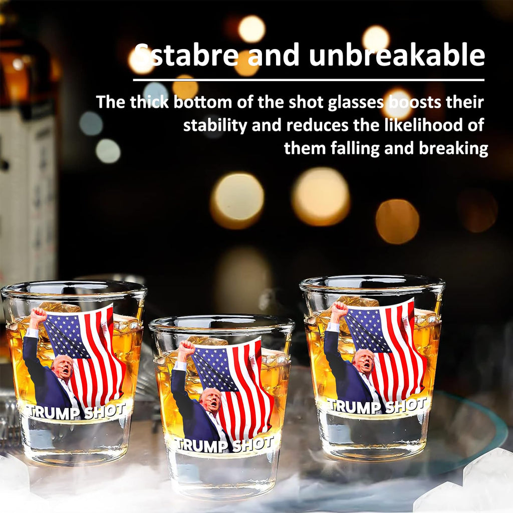 RWSEFK Trump Shot Glass - 4Pc Set with Assassination Picture & Fist Pump, Perfect for Political Enthusiasts, Collectible for Trump 2024 - Holds 1.70 oz, Exclusive Limited Edition Design