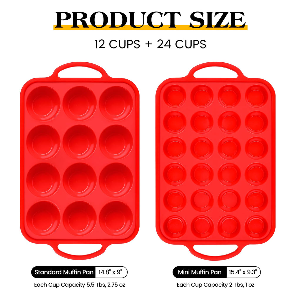 AOTASO Regular 12 Cup and Mini 24 Cup Nonstick Cupcake Pan Set Silicone Muffin Pan for Baking Silicone Cupcake Mold with Metal Reinforced Frame BPA Free (2 Pcs, Red)