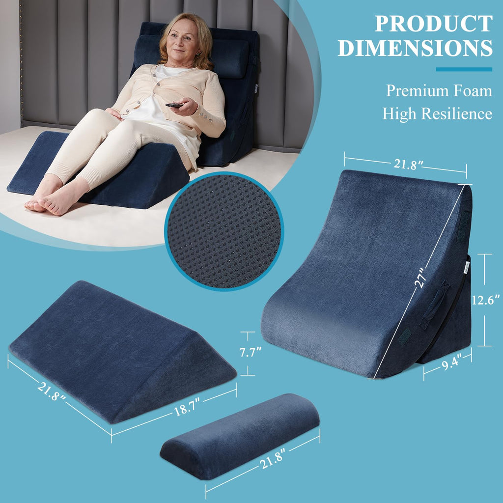 Qirroboni 4PCS Orthopedic Bed Wedge Pillow Set, Adjustable Pillows for Neck Back and Leg Pain Relief Comfortable & Post Surgery Foam- Heartburn Anti Snoring Acid Reflux & GERD Sleeping Full Navy