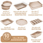 HONGBAKE Bakeware Sets, Baking Pans Set, Nonstick Oven Pan for Kitchen with Wider Grips, 10-Piece Including Rack, Cookie Sheet, Cake Pans, Loaf Pan, Muffin Pan, Pizza Pan - Champagne Gold