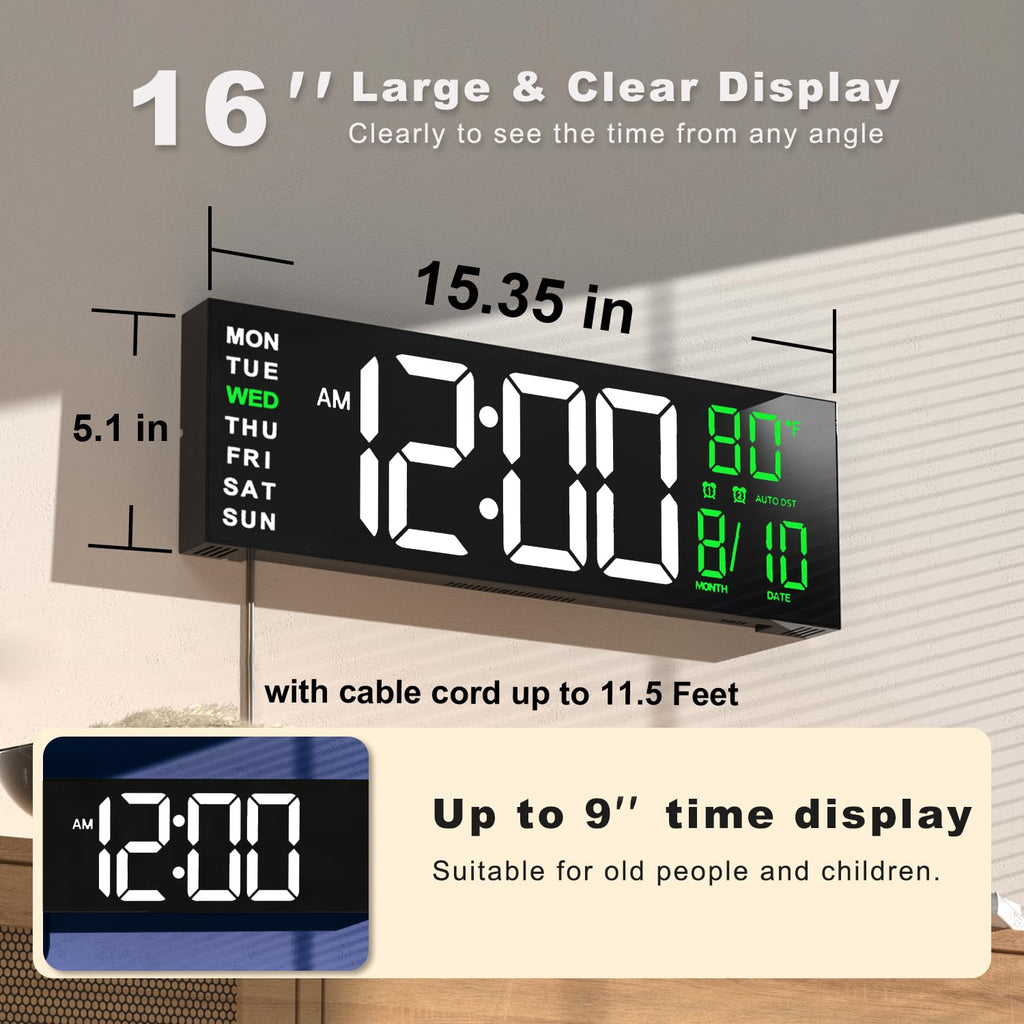 JALL 16" Large Digital Wall Clock Timer, Remote Controll, 2 Alarms, LED Display, 8 RGB Color, Auto DST, Temperature for Living Room, Bedroom, Desk, Mounted, Gift for Elderly (White Green, 16 inches)