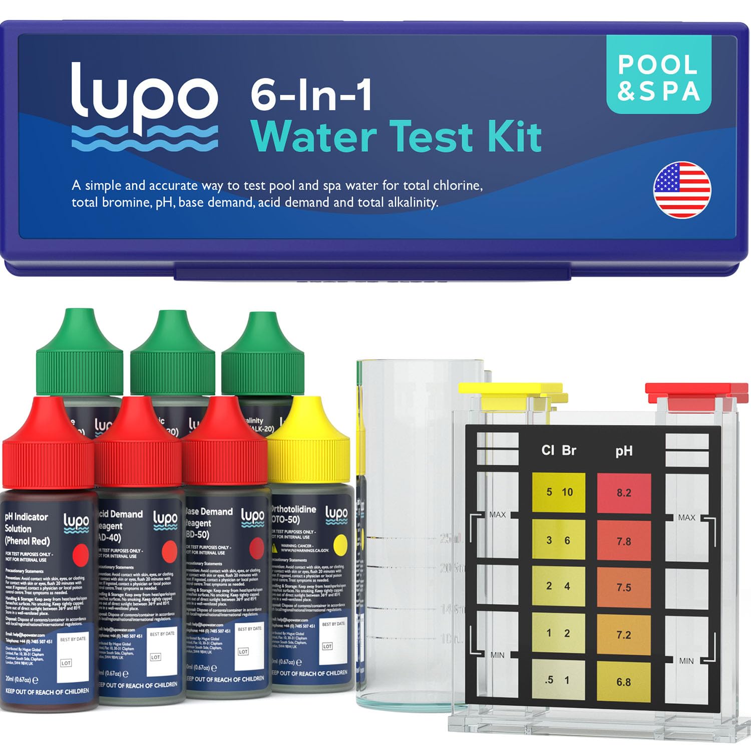 Lupo 6-in-1 Pool Test Kit | Pool Testing Kit for Residential Swimming Pools & Spas for Testing Total Chlorine, Total Bromine, pH, Base Demand, Acid Demand & Total Alkalinity Quick & Accurate Testing