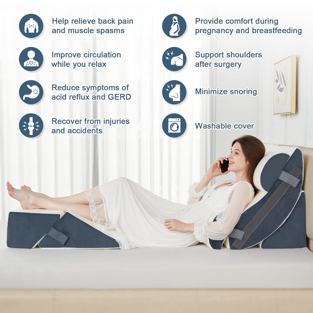 Lazyzizi 6pcs Orthopedic Bed Wedge Pillow Set, Memory Foam Wedge Pillow for Sleeping, Knee, Lumbar and Back Pain Relief Adjustable Bed Pillow - Acid Reflux, Anti Snoring & GERD Sleeping, Grey