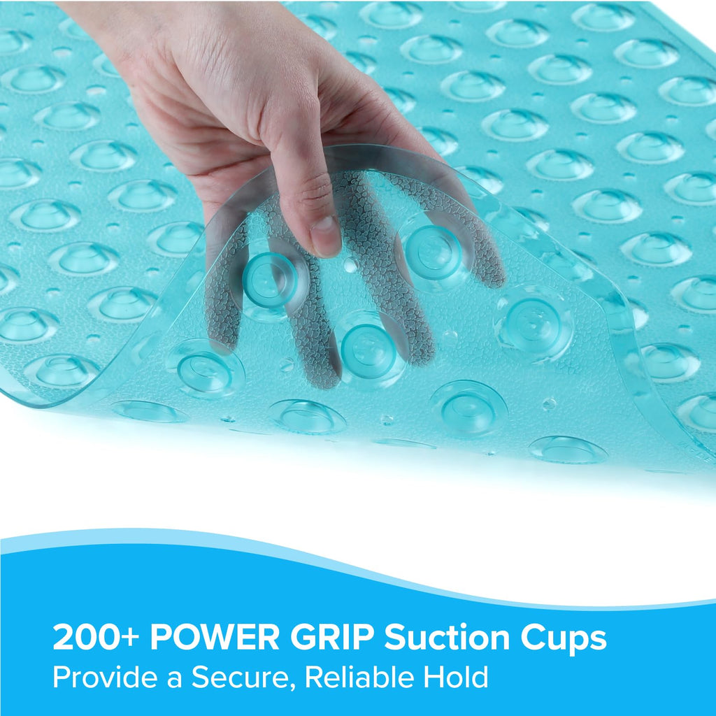 SlipX Solutions Power Grip Extra Long Bath Tub & Shower Mat 39x16, Wet Floor Non-Slip for Elderly & Kids Bathroom, 30% Longer Bathtub Mats, 200 Suction Cups, Drain Holes (1, Translucent Aqua)