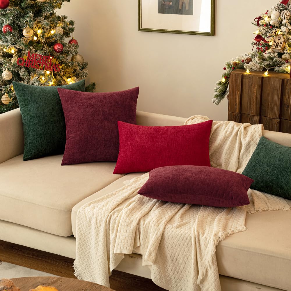 MIULEE Pack of 2 Christmas Green Throw Pillow Covers 18x18 Inch Soft Chenille Pillow Covers for Sofa Living Room Couch Solid Dyed Cases