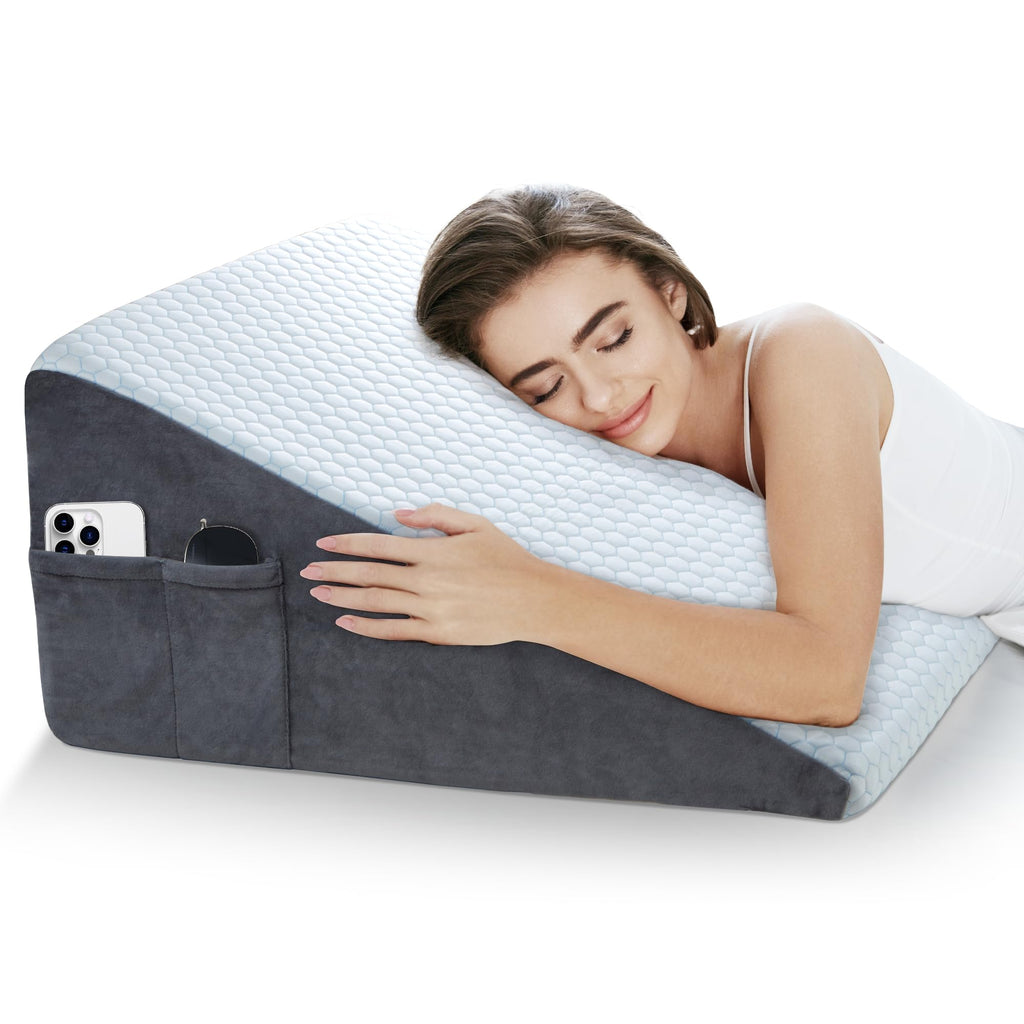 puredown® 12" Bed Wedge Pillow, Cooling Gel Memory Foam for Nighttime Acid Reflux, Lumbar & Back Support, Leg Elevation Therapy, Snore Reduction Aid, Triangular Wedge Design, Detachable Washable Cover