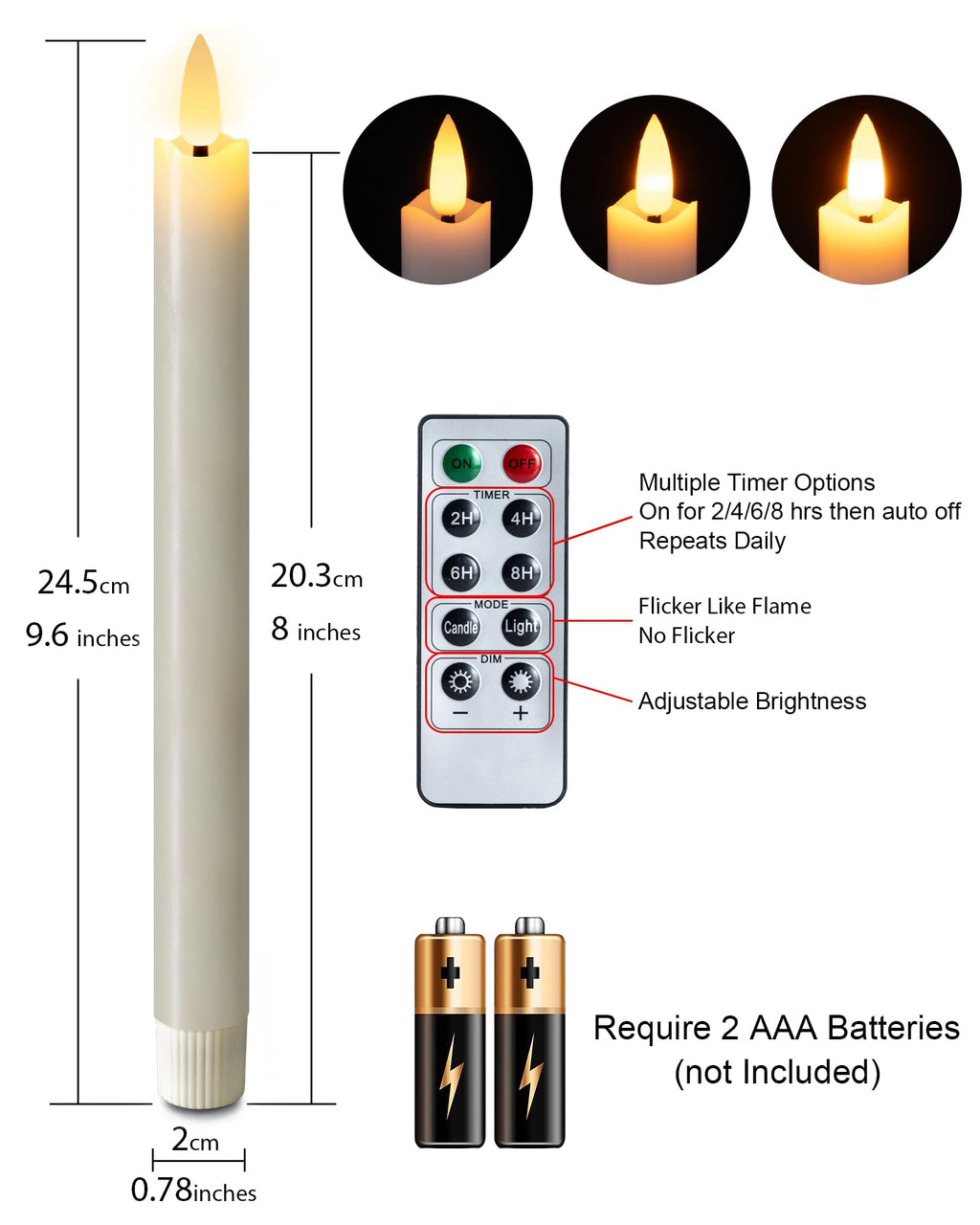 Homemory Waxy Flameless Taper Candles with Remote Timer Dimmer, LED Candlesticks Flickering, Battery Operated Window Candles, 9.6 Inches for Christmas Wedding Celebration Decor, Ivory, 6 Pcs
